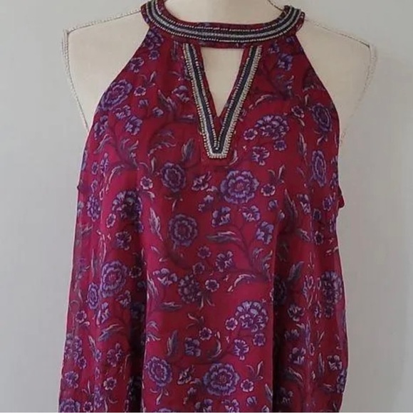 Hollister Burgundy Halter Beaded Neckline Floral Tank Blouse Size Small - Picture 2 of 13